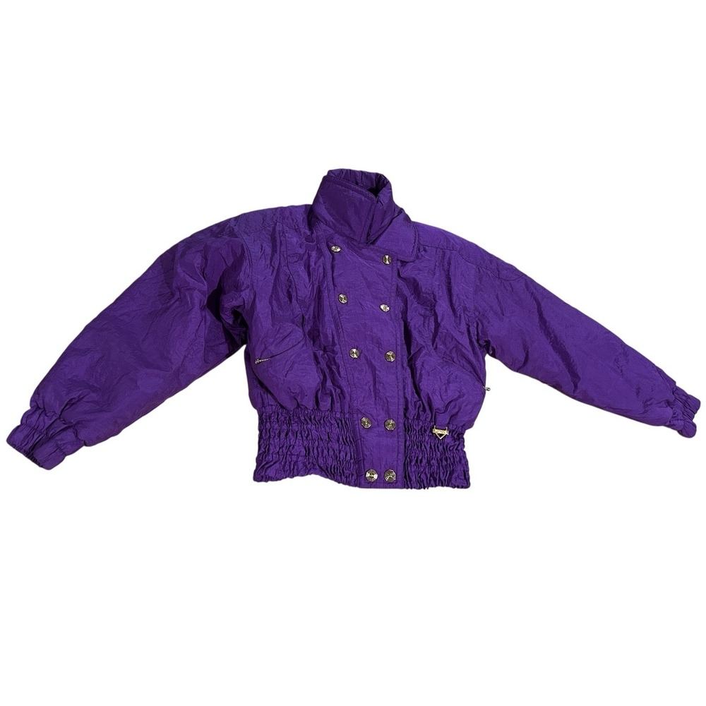 Vintage Fera Womens Ski Jacket Purple Gold Buttons Full Zip‎ Front Mock Neck 10